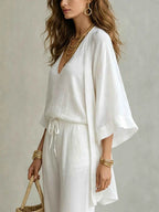 Womens V-Neck Cardigan Pants Three Piece Polyester Set
