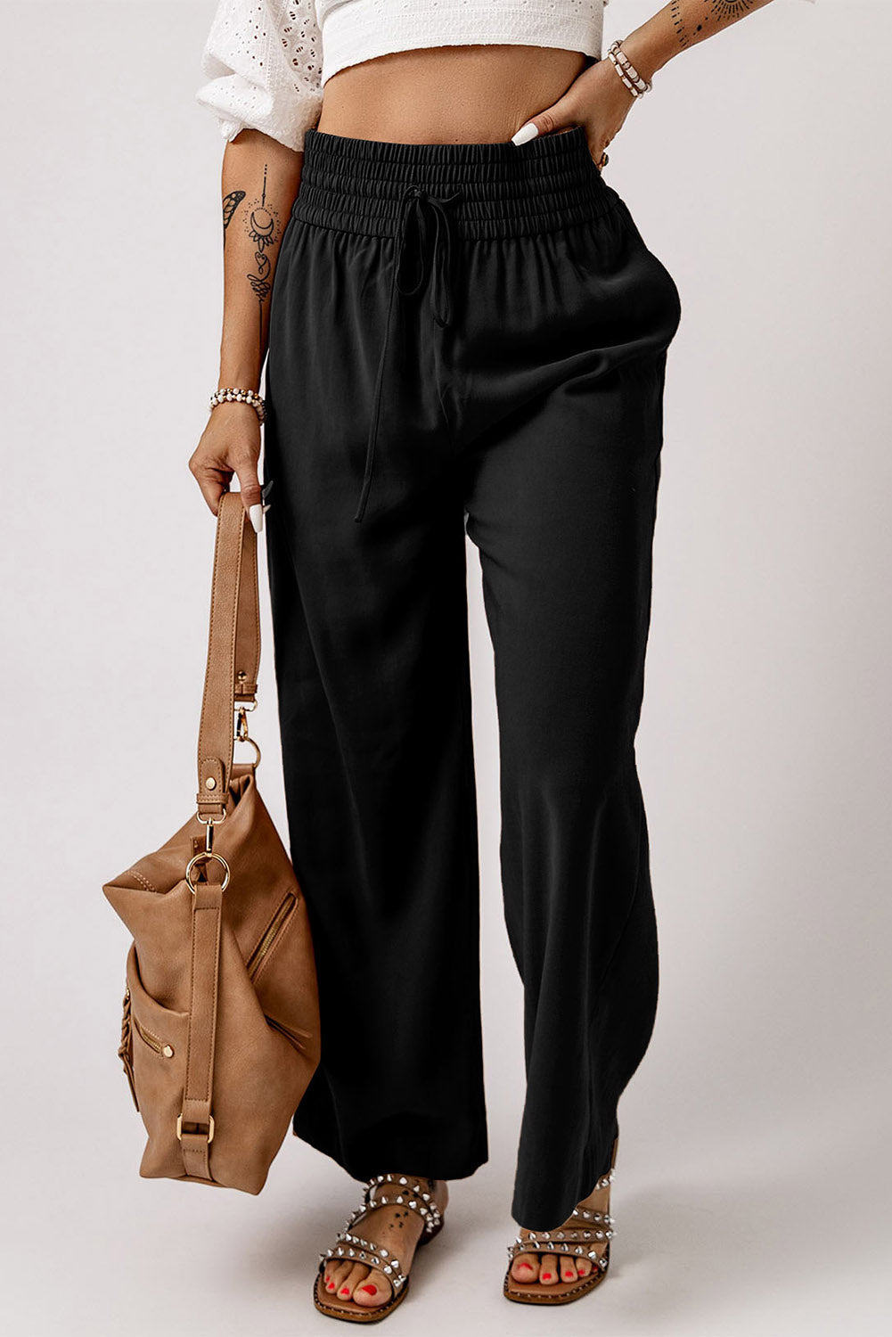 Black Drawstring Elastic Waist Casual Wide Leg Pants Dear-Lover Dropshipping