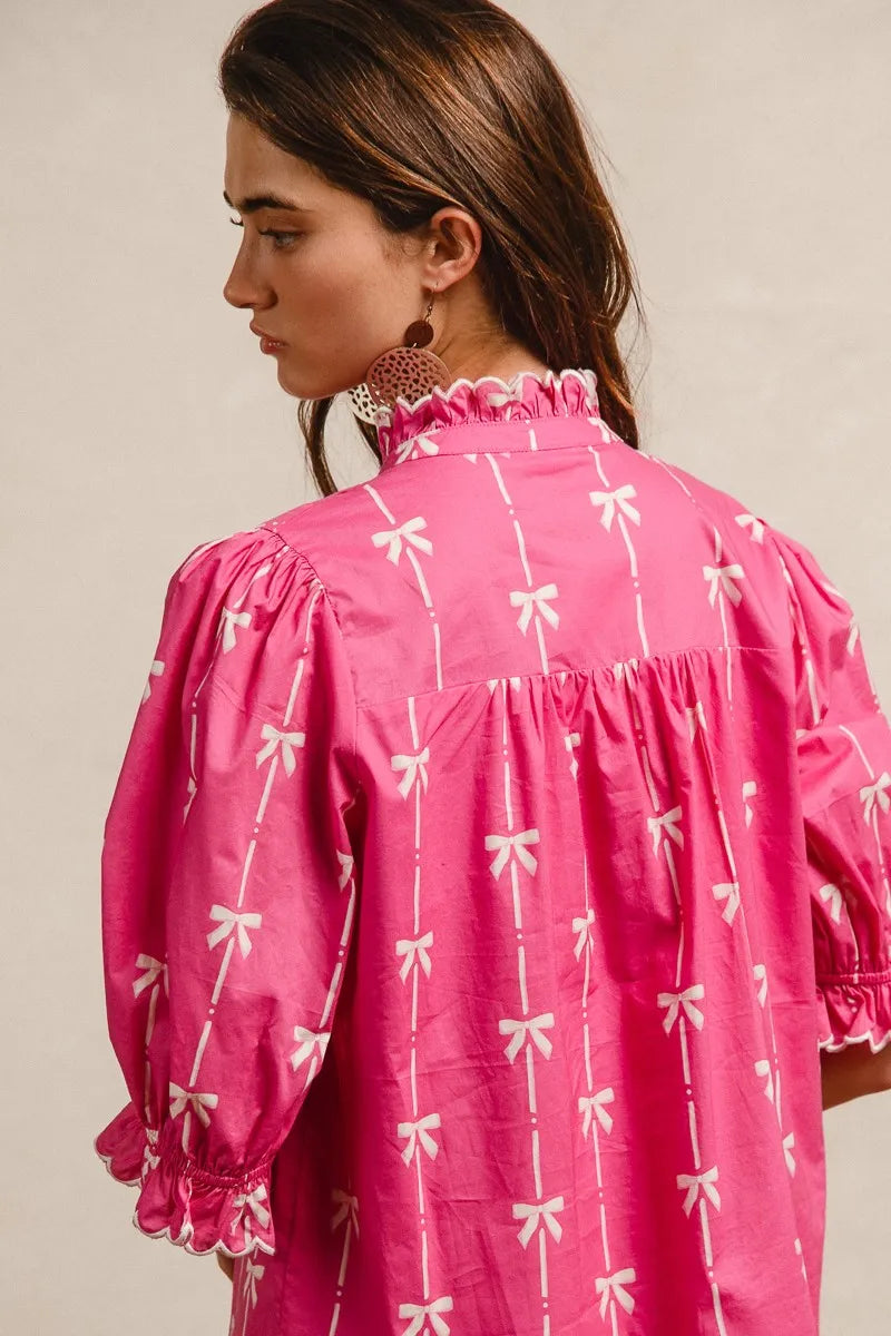 BiBi Ribbon Patterns With Scallops Edge Details Short Sleeve Dress.