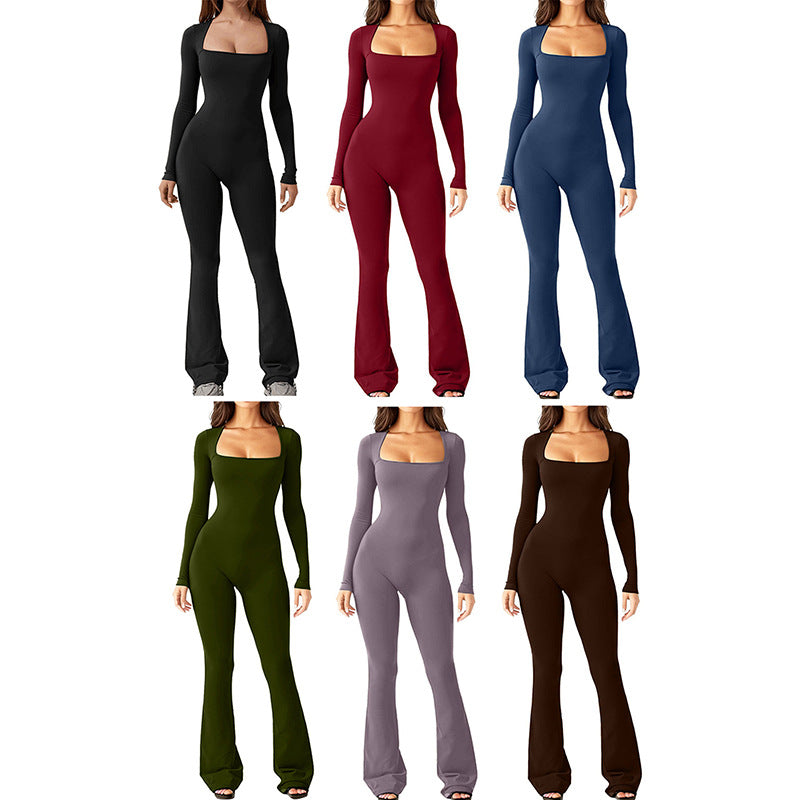 Women's Long Sleeve Waist-Cinching High-Elastic Square Neck Wide-Leg Jumpsuit