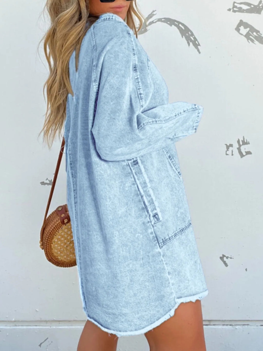 Full Size Button-Front Long Sleeve Denim Shirt Dress Plus Size.