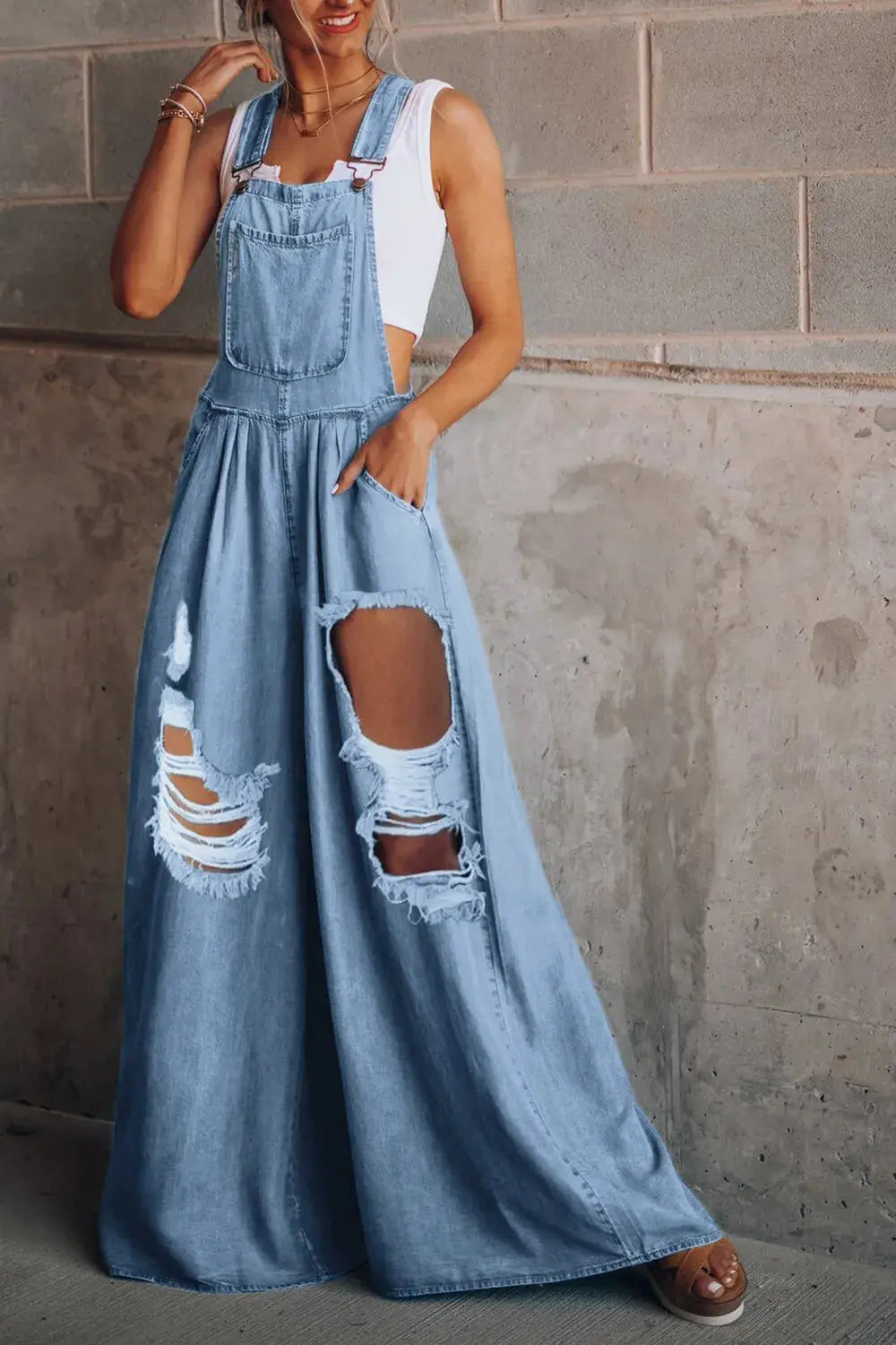 Distressed Wide Leg Denim Overalls.