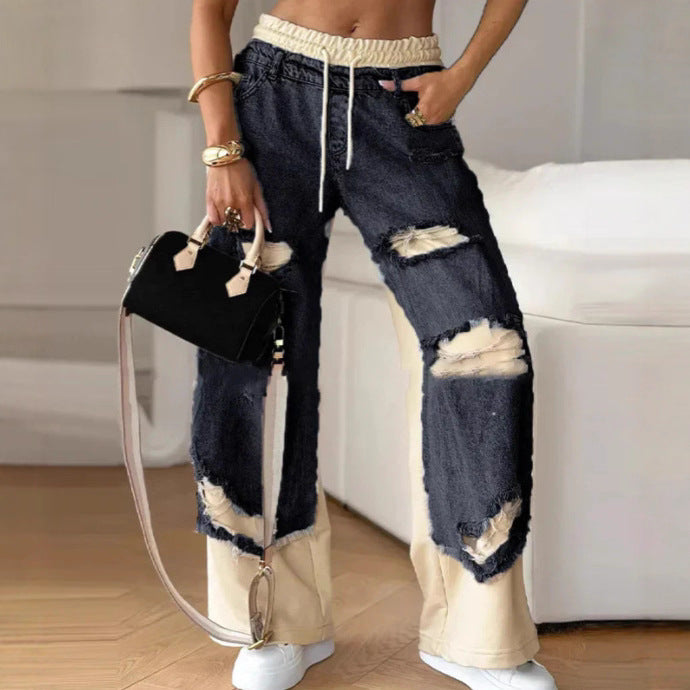 Street Style High-Waisted Tied Spliced Ripped Denim Pants for Women