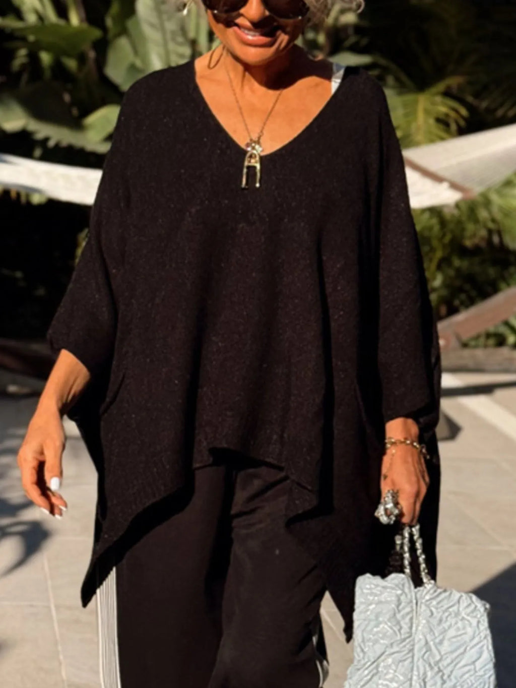 Ribbed Hem V-Neck Sweater.