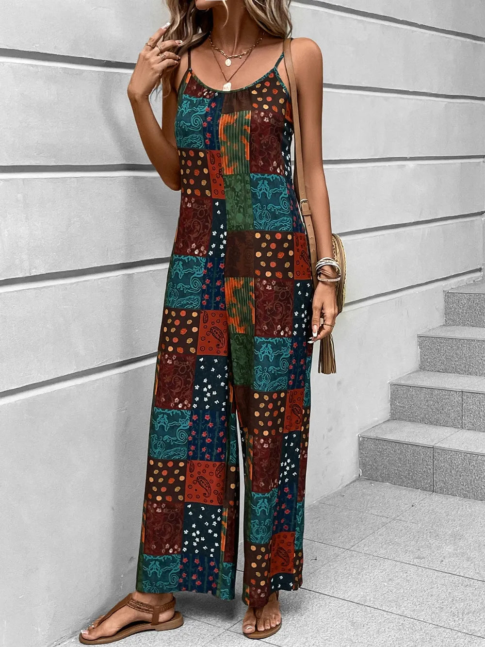 Printed Scoop Neck Spaghetti Strap Jumpsuit - CHIC TB