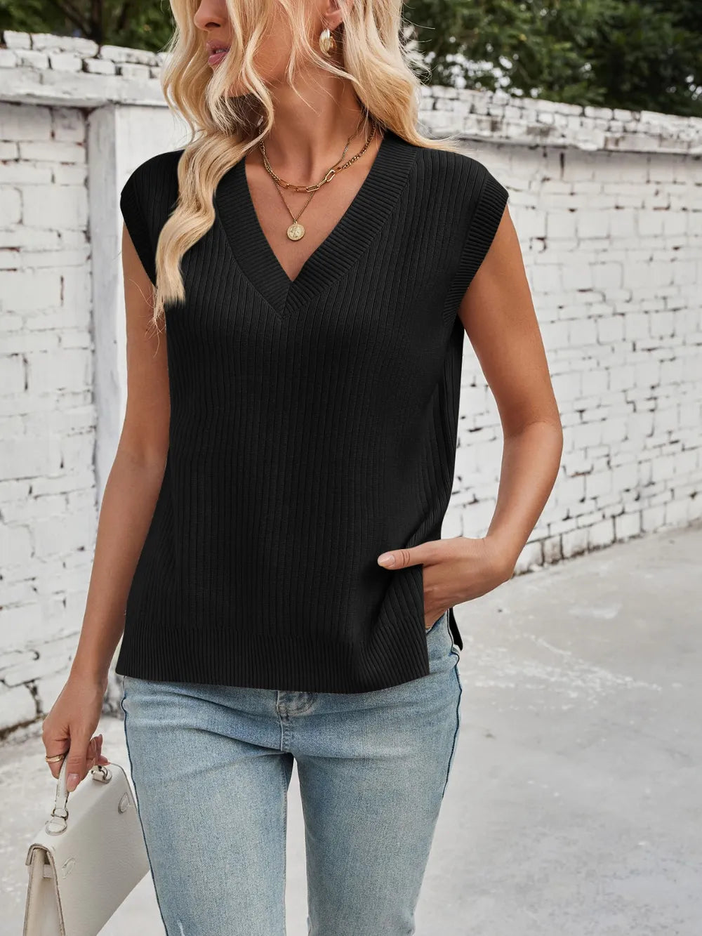 Lovelet Ribbed Slit V-Neck Sweater Vest.