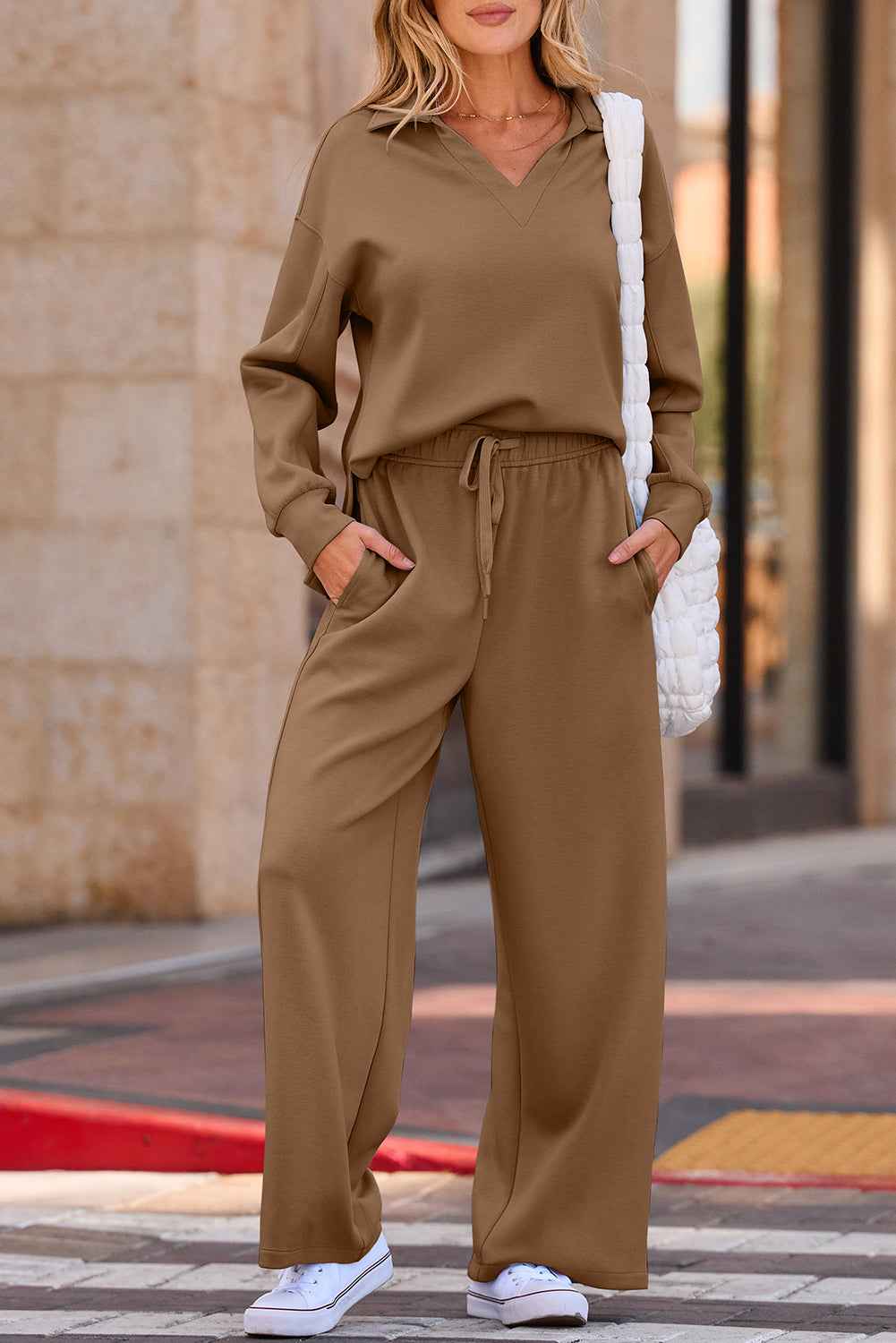 Coffee Solid Color V Neck Top and High Waist Pants Set