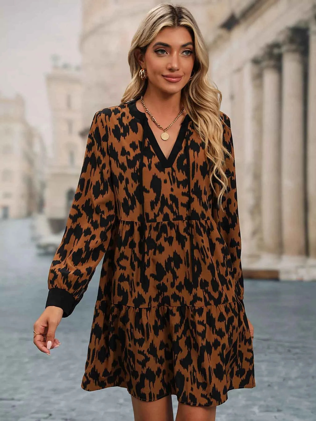 Leopard Tie Neck Long Sleeve Dress