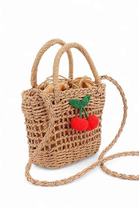Crochet Cherry Straw Basket Swing Bag