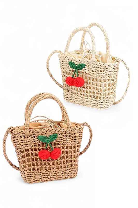 Crochet Cherry Straw Basket Swing Bag