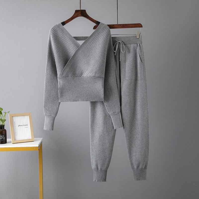 Sexy V-Neck Sweater + Casual Sport Pants Two-Piece Set for Women
