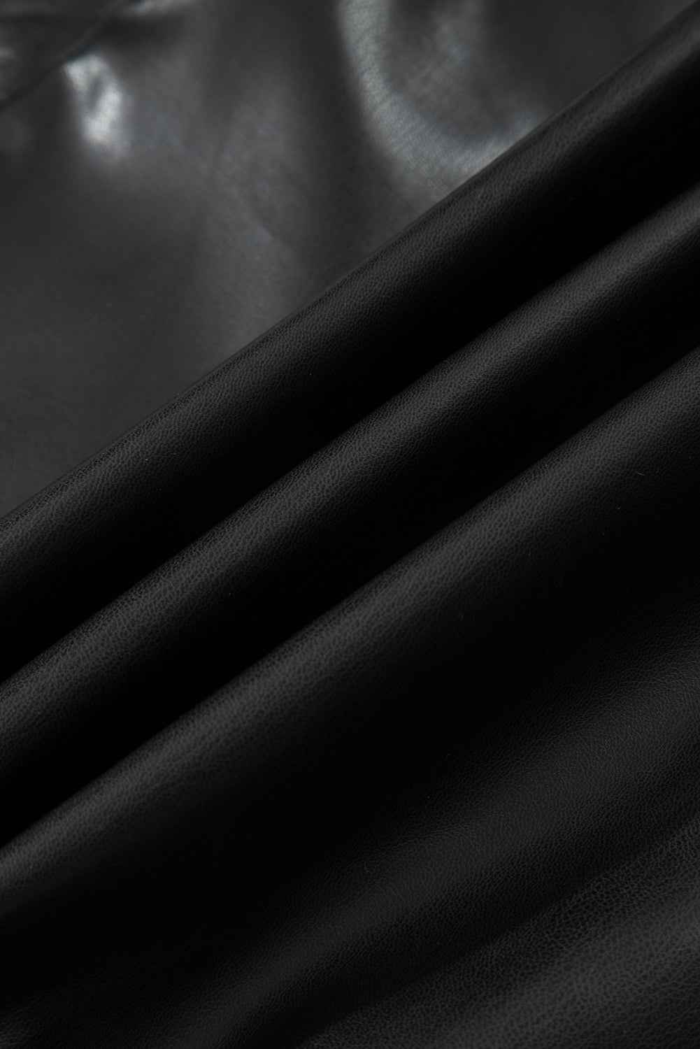 Black Double Flap Pocket Faux Leather Zip Up Stand Neck Vest