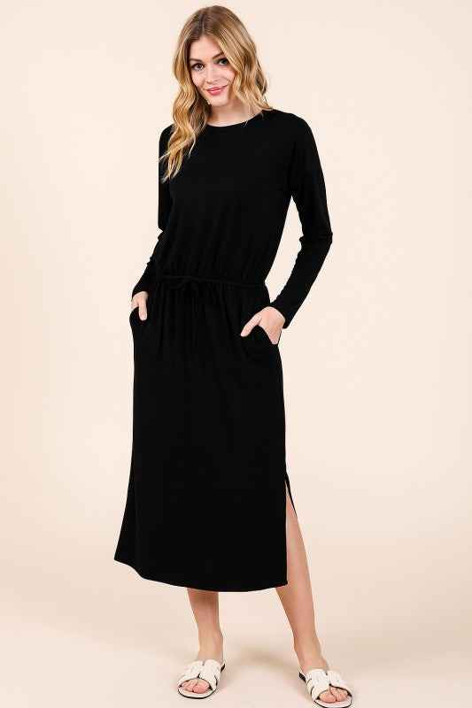 French Terry Midi Skirt with Slit w Pockets