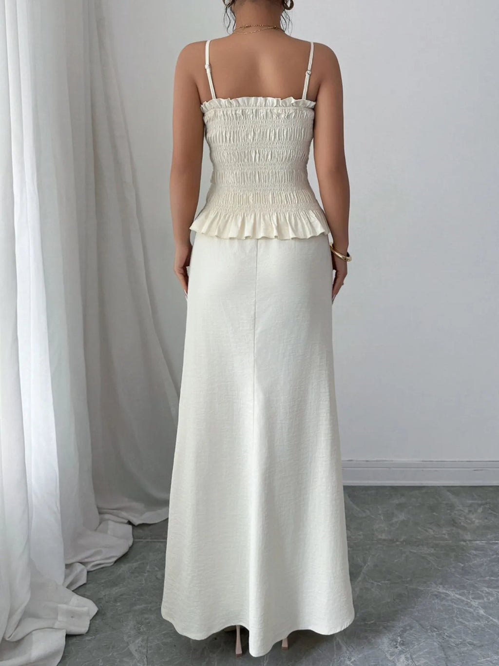 Smocked Ruffled Hem Cami and Maxi Skirt Set.