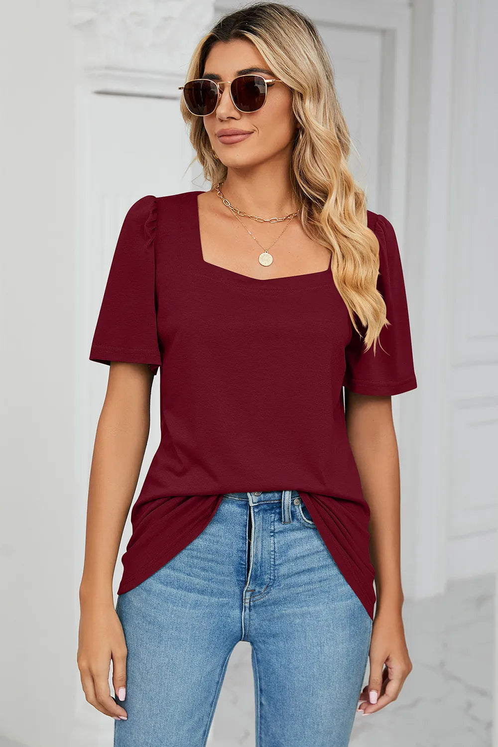 Square Neck Short Sleeve women T-Shirt.