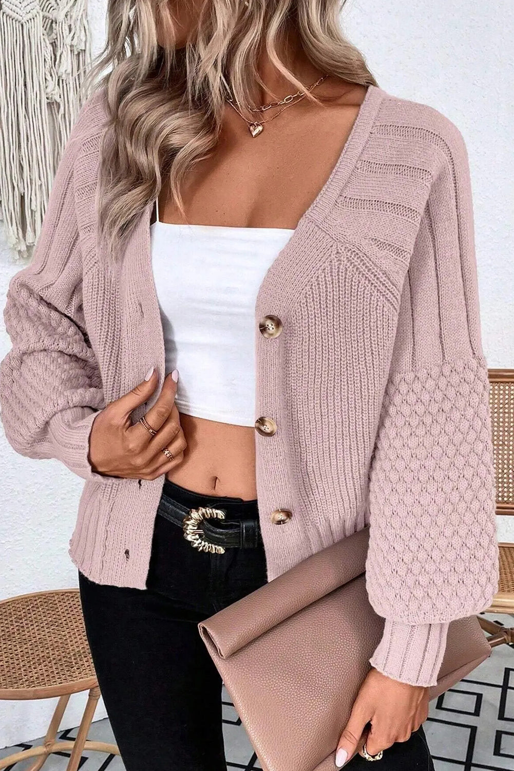 Light Pink Mixed Texture Knit Button V Neck Sweater Cardigan