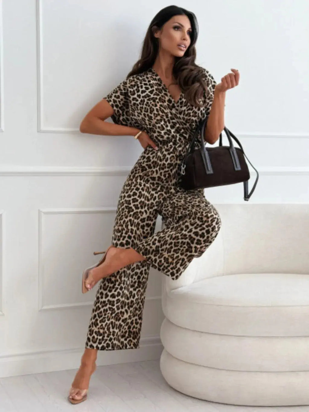 Leopard Print Short Sleeve Wide Leg Jumpsuit.