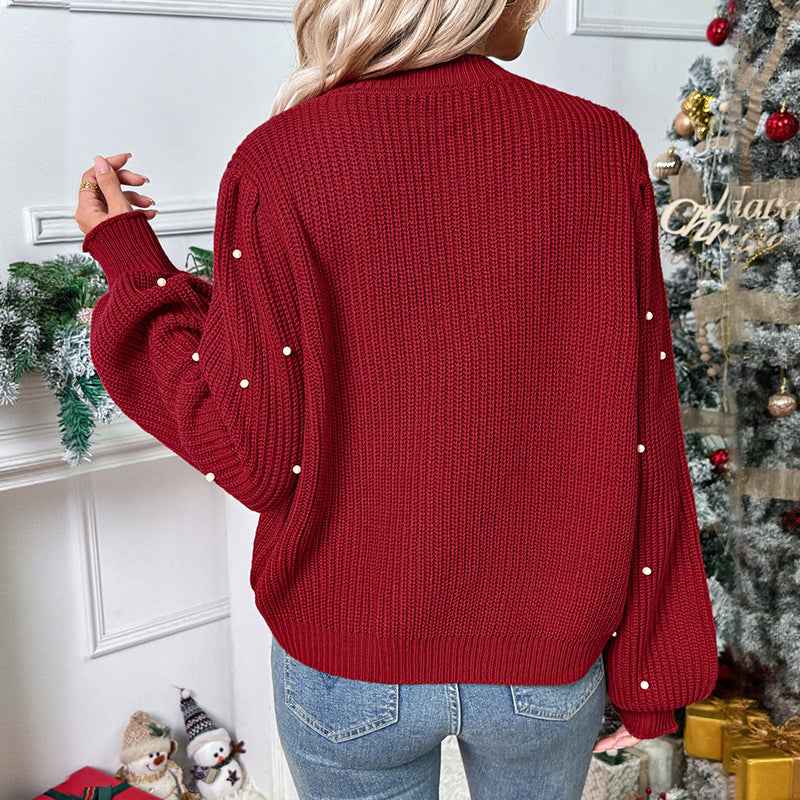 Knitted cardigan V-neck pearl decorated red Christmas sweater jacket for women