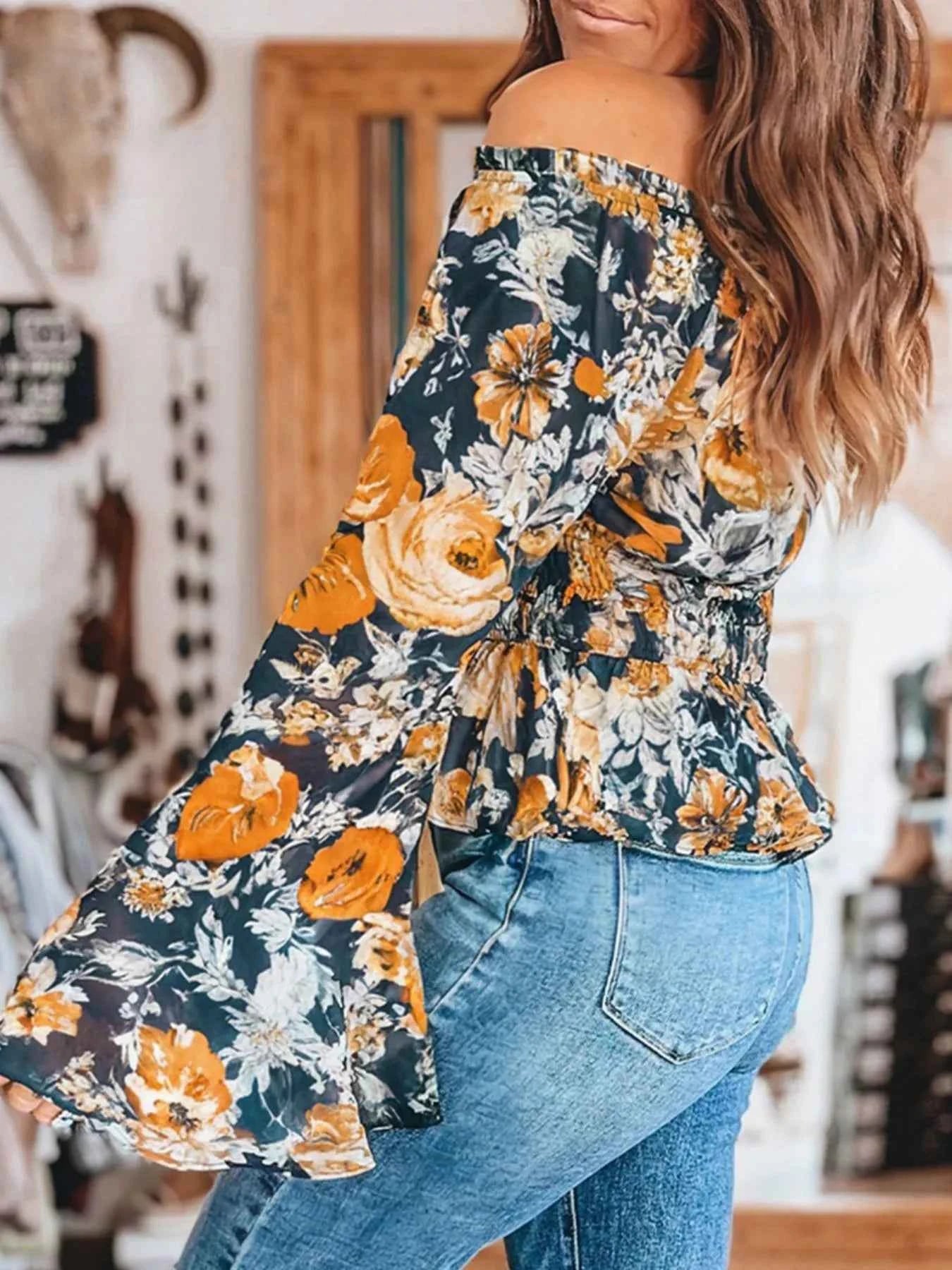 Floral Off Shoulder Bell Sleeve Smocked Peplum Top.
