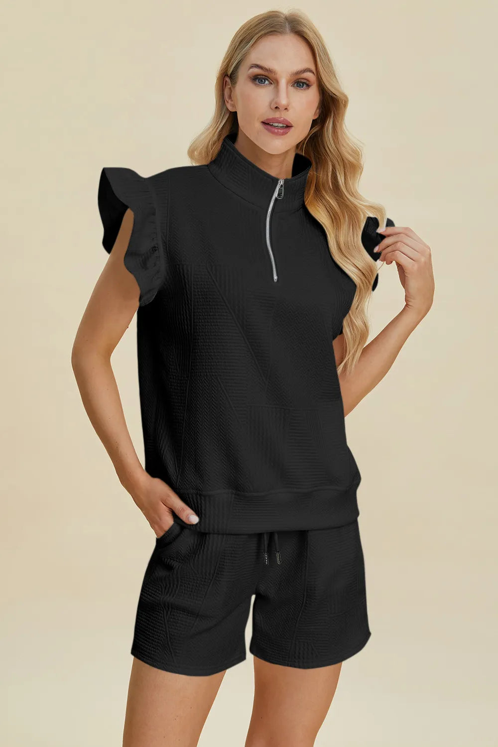 Double Take Full Size Texture Flounce Sleeve Top and Shorts Set.