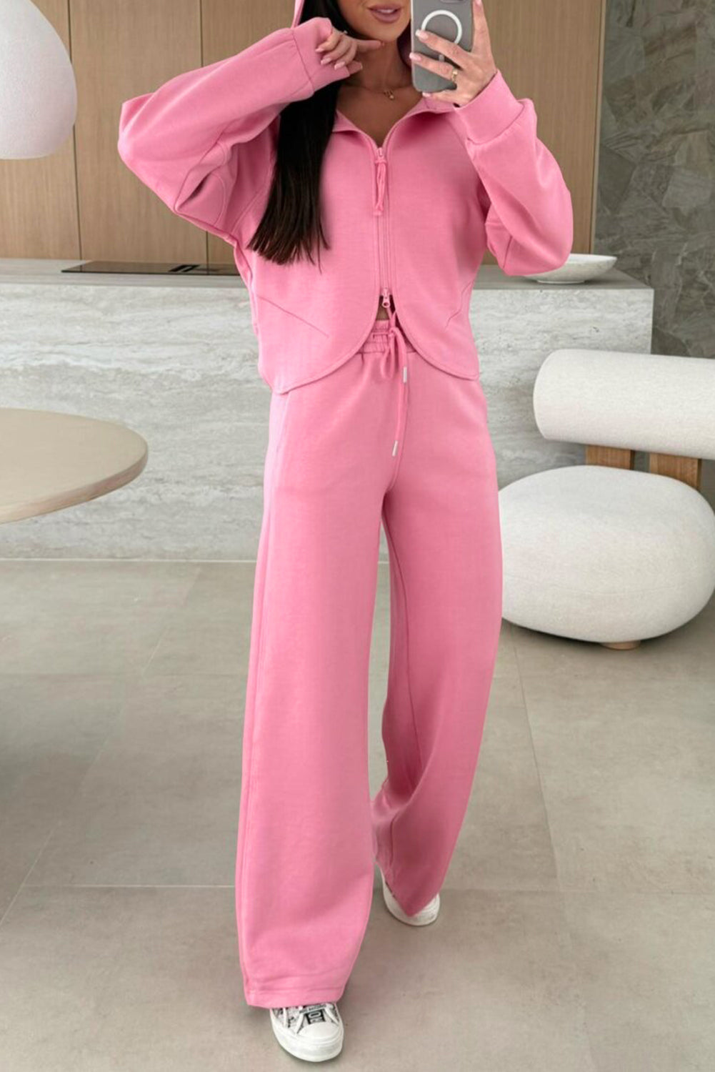 Pink Solid Color Zip Up Hoodie Drawstring Loose Pants Set Dear-Lover Dropshipping