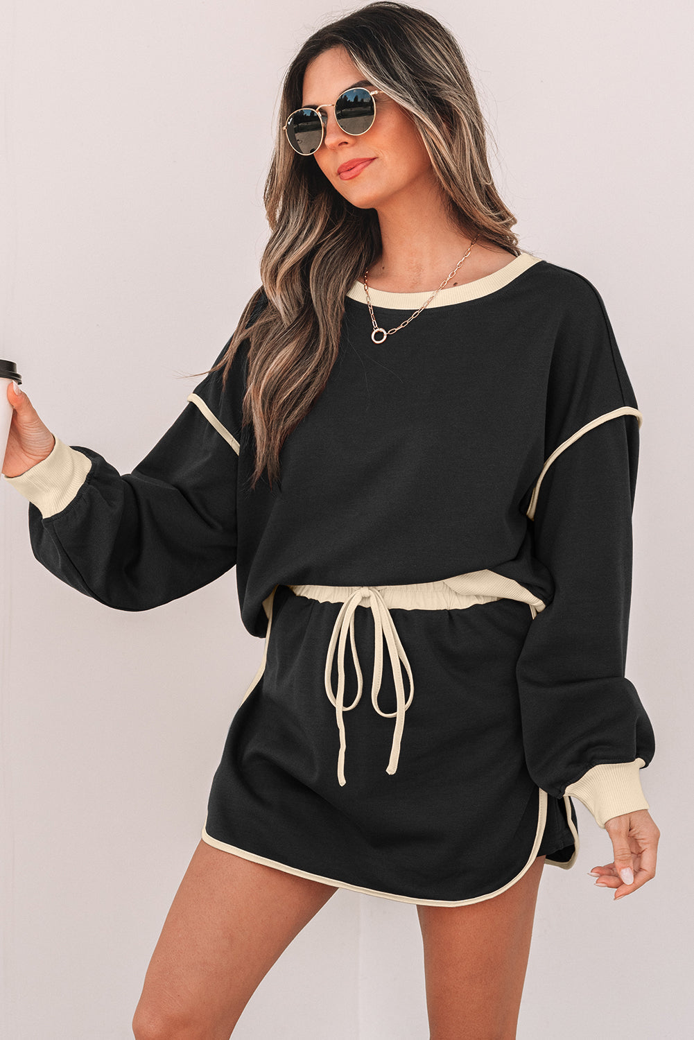 Black Color Contrast Loose Pullover and Lace-up Waist Skort Set Dear-Lover Dropshipping