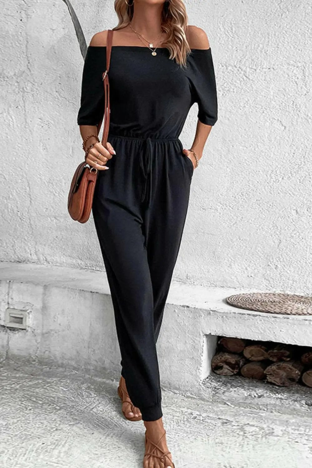 Perfee Off-Shoulder Jumpsuit with Pockets.