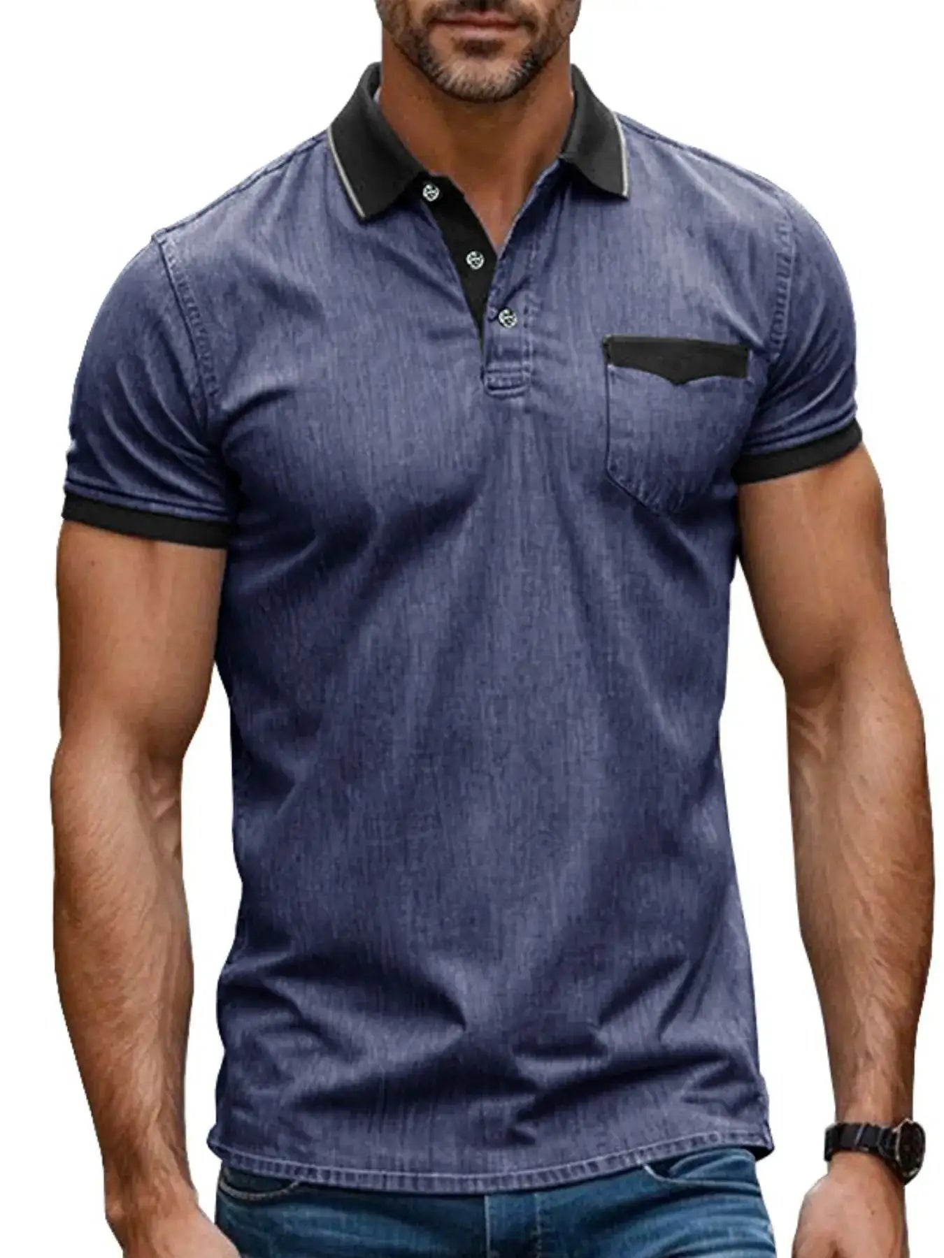 Men's Contrast Collar Pocket Polo Shirt.