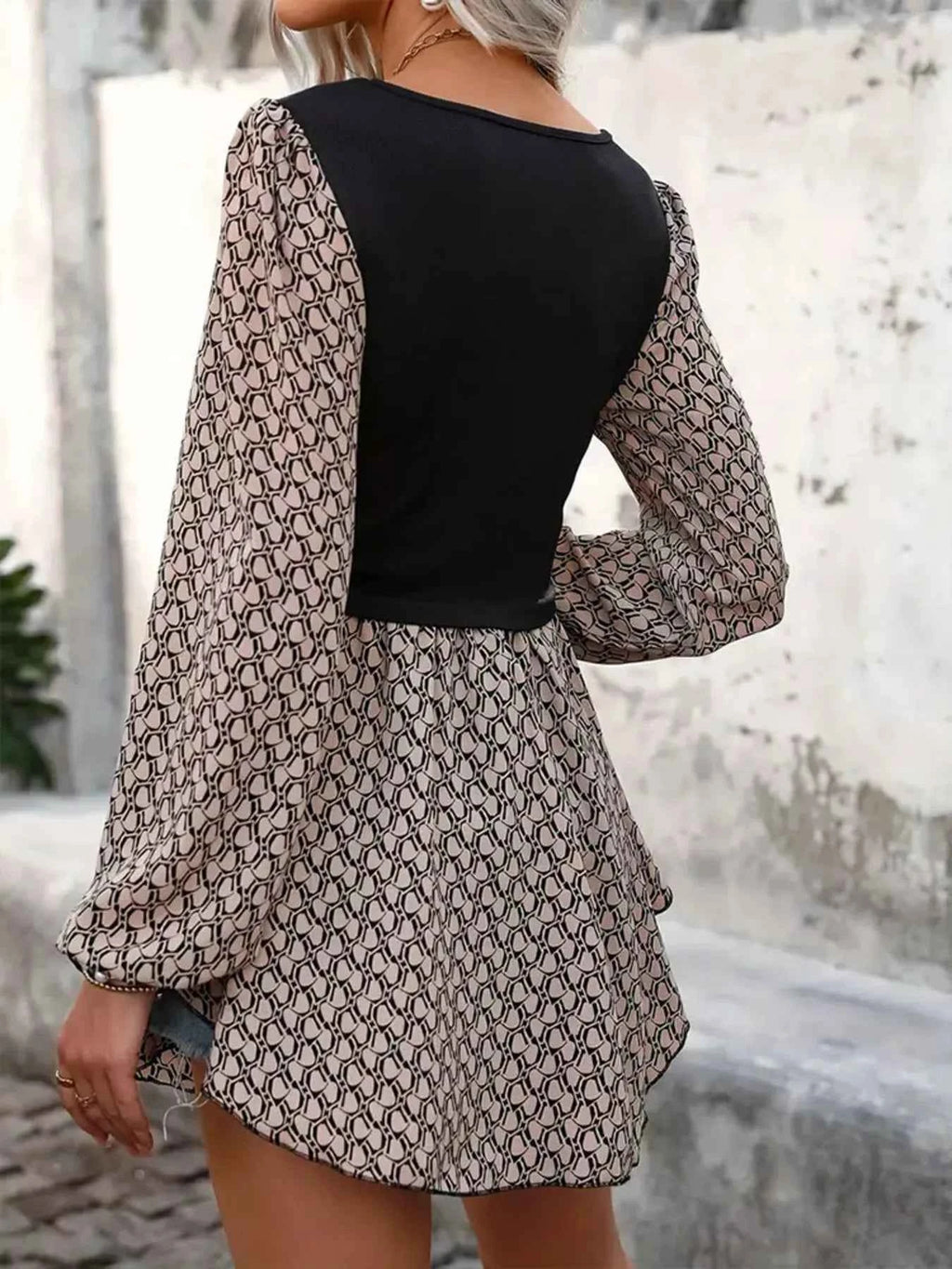 Printed V-Neck Long Sleeve Dress.