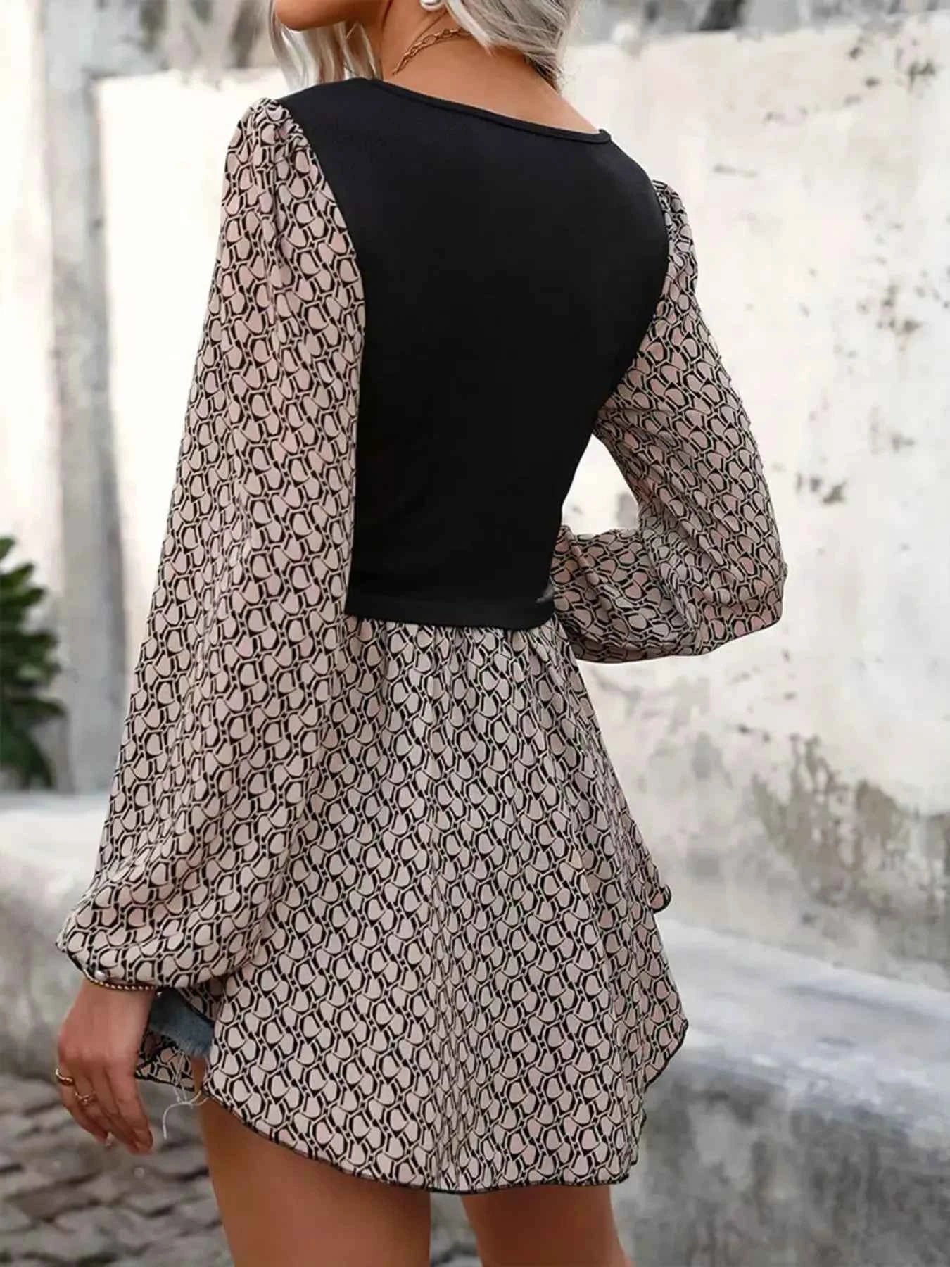 Printed V-Neck Long Sleeve Dress.