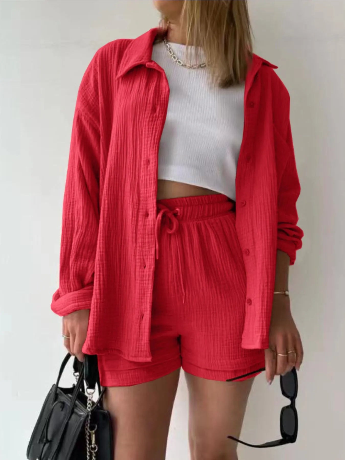 Textured Button Up Shirt and Shorts Set.