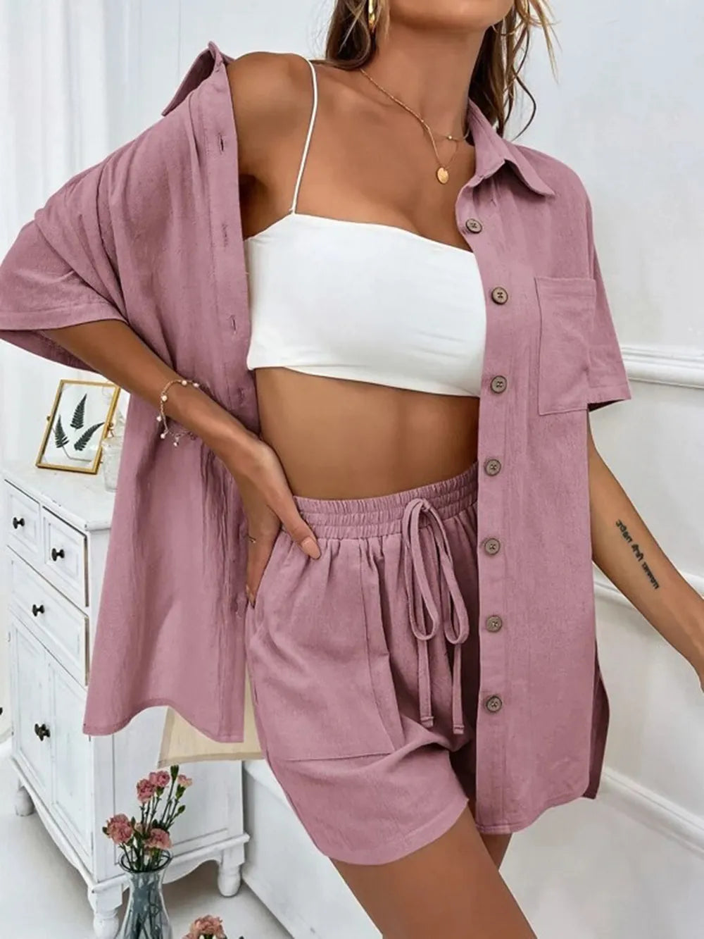 Button Up Shirt and Drawstring Shorts Set - CHIC TB