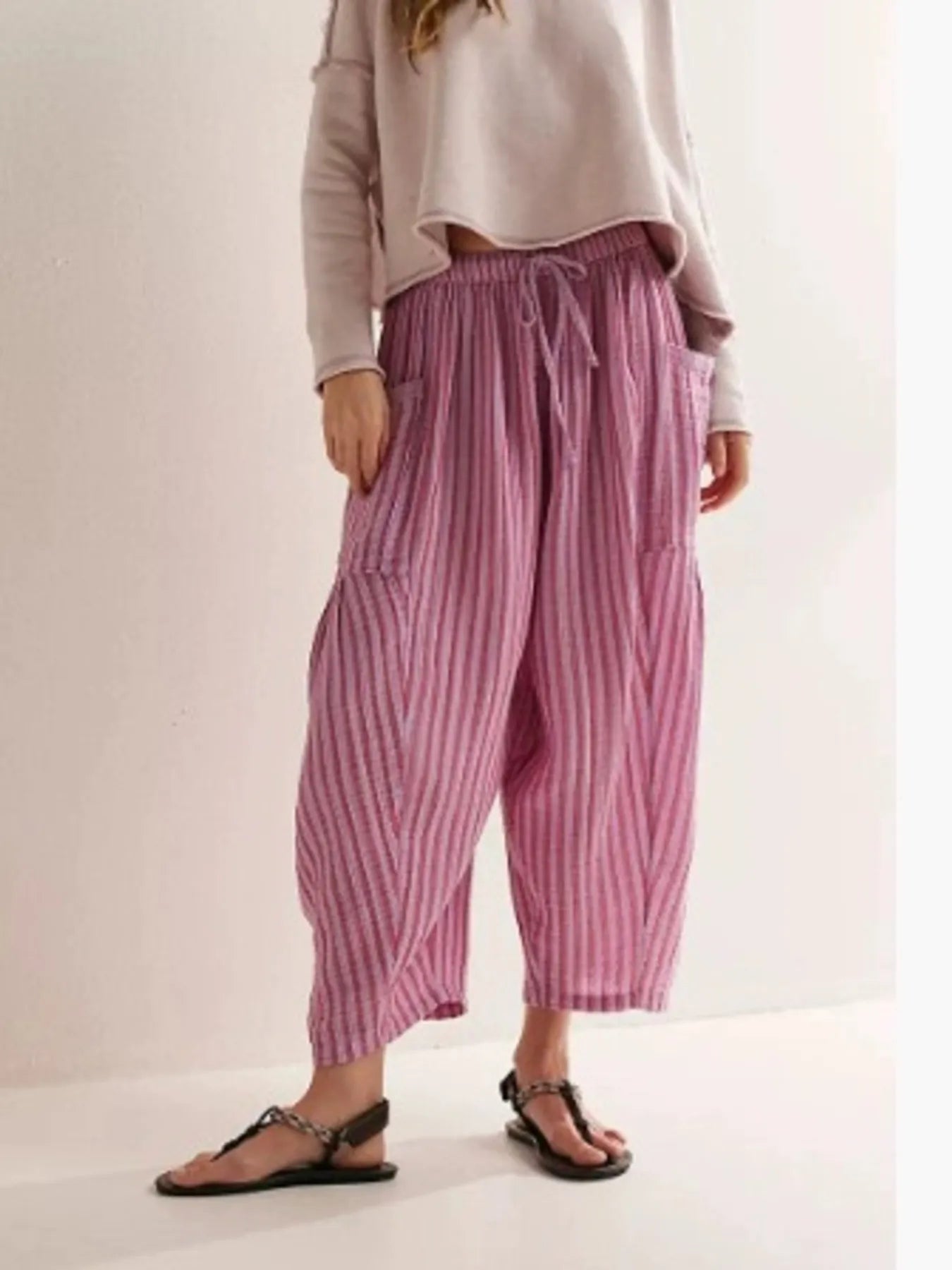 Full Size Striped Wide Leg Casual Pants Plus Size.