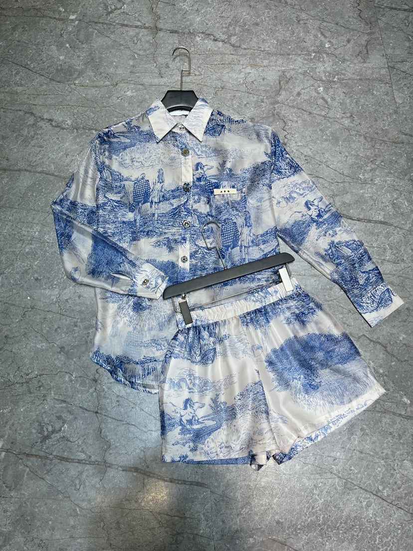 Ink painting, landscape painting, printing, lazy sun protection, high-end shirt+shorts, two piece set in blue