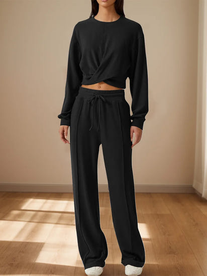Crisscross Round Neck Top and Drawstring Pants Set.