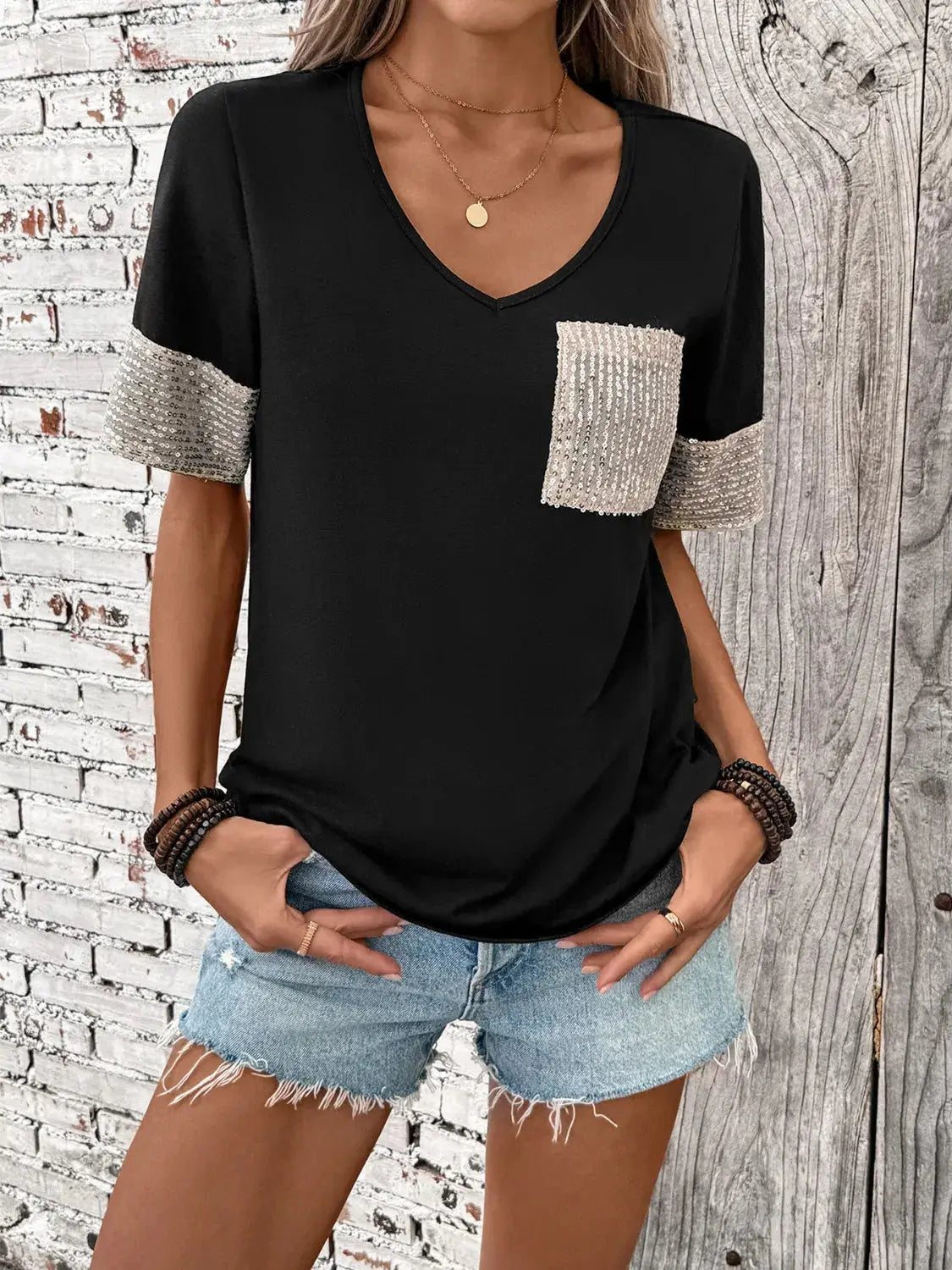 Sequin V-Neck Short Sleeve T-Shirt.
