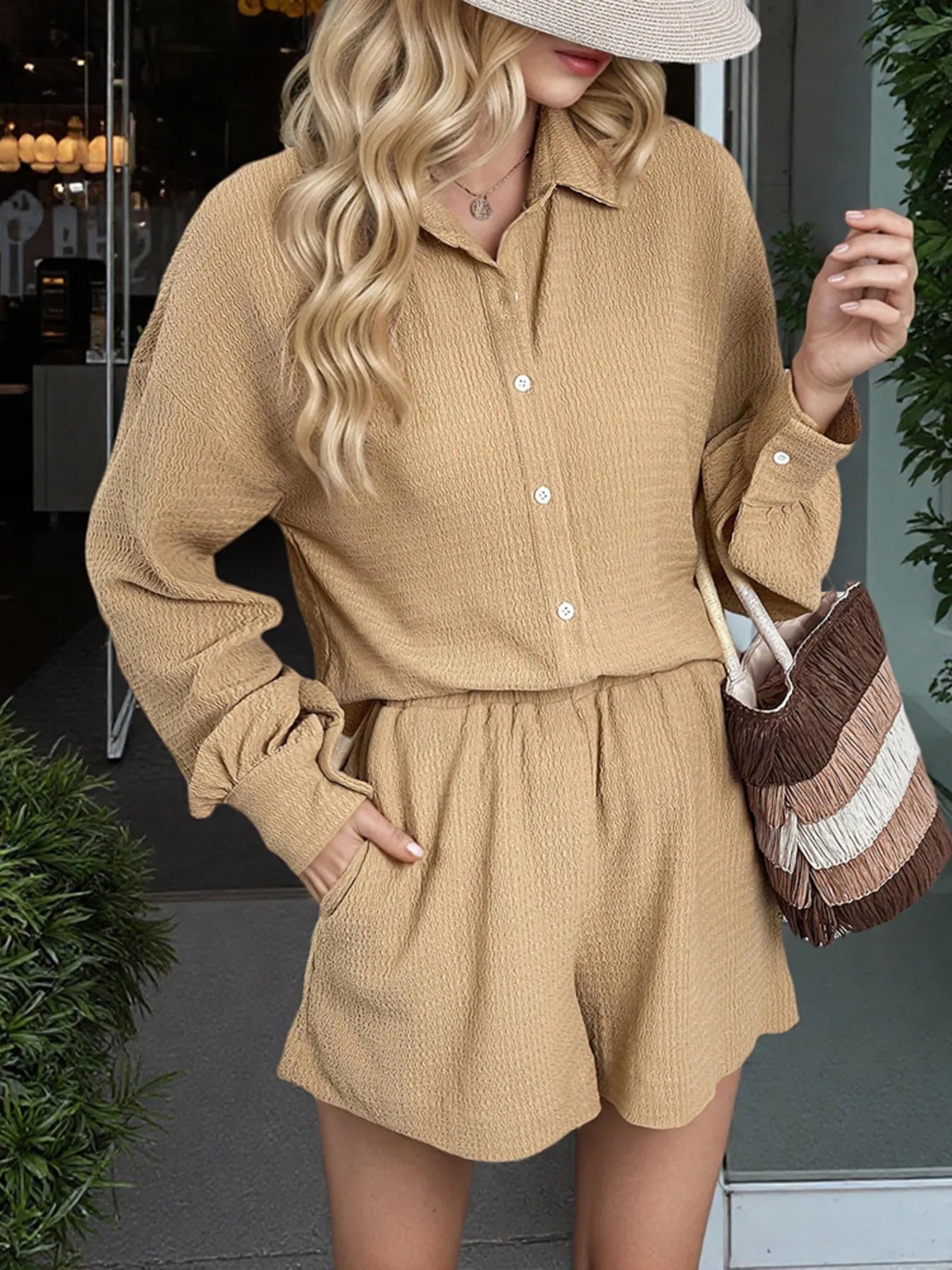 Button Up Long Sleeve Shirt and Shorts Set.