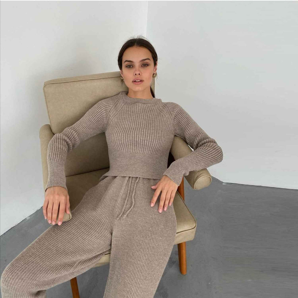 Cryptographic Casual Fashion Knitted Top and Pant Two Piece Set Loungewear Women Matching Set
