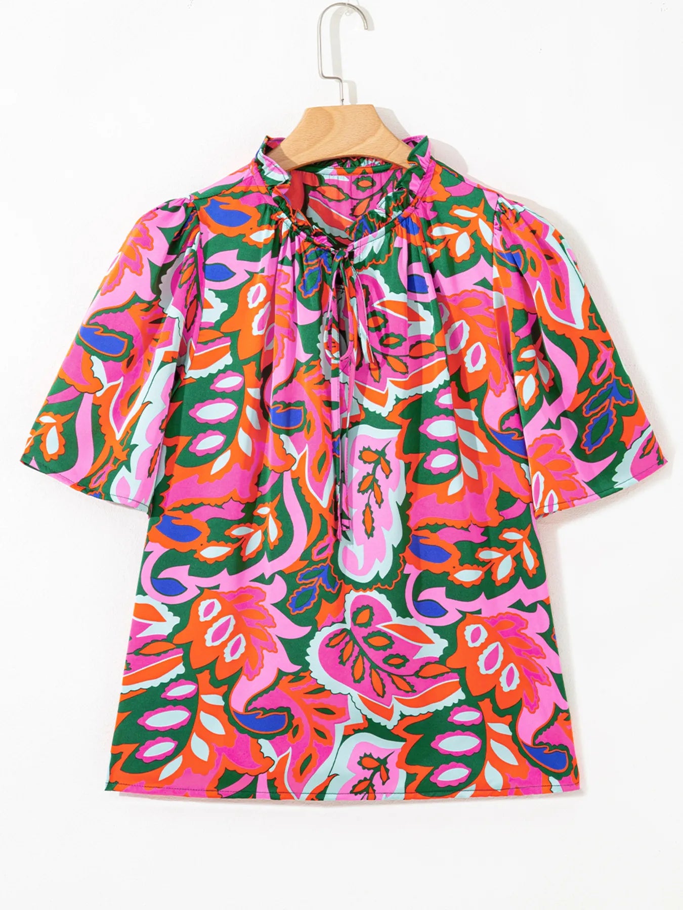 Tropical Print Short Sleeve Tie Neck Blouse.