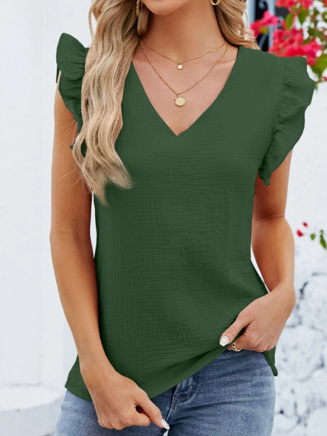 V-Neck Ruffled Sleeve Top.