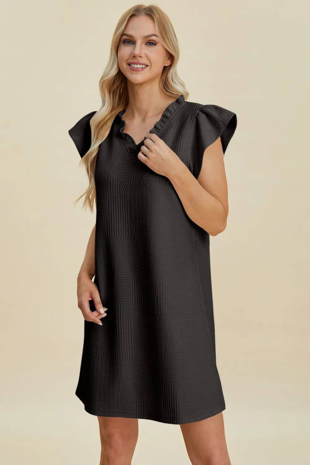 Double Take Full Size Ruffled V-Neck Cap women Sleeve Dress.