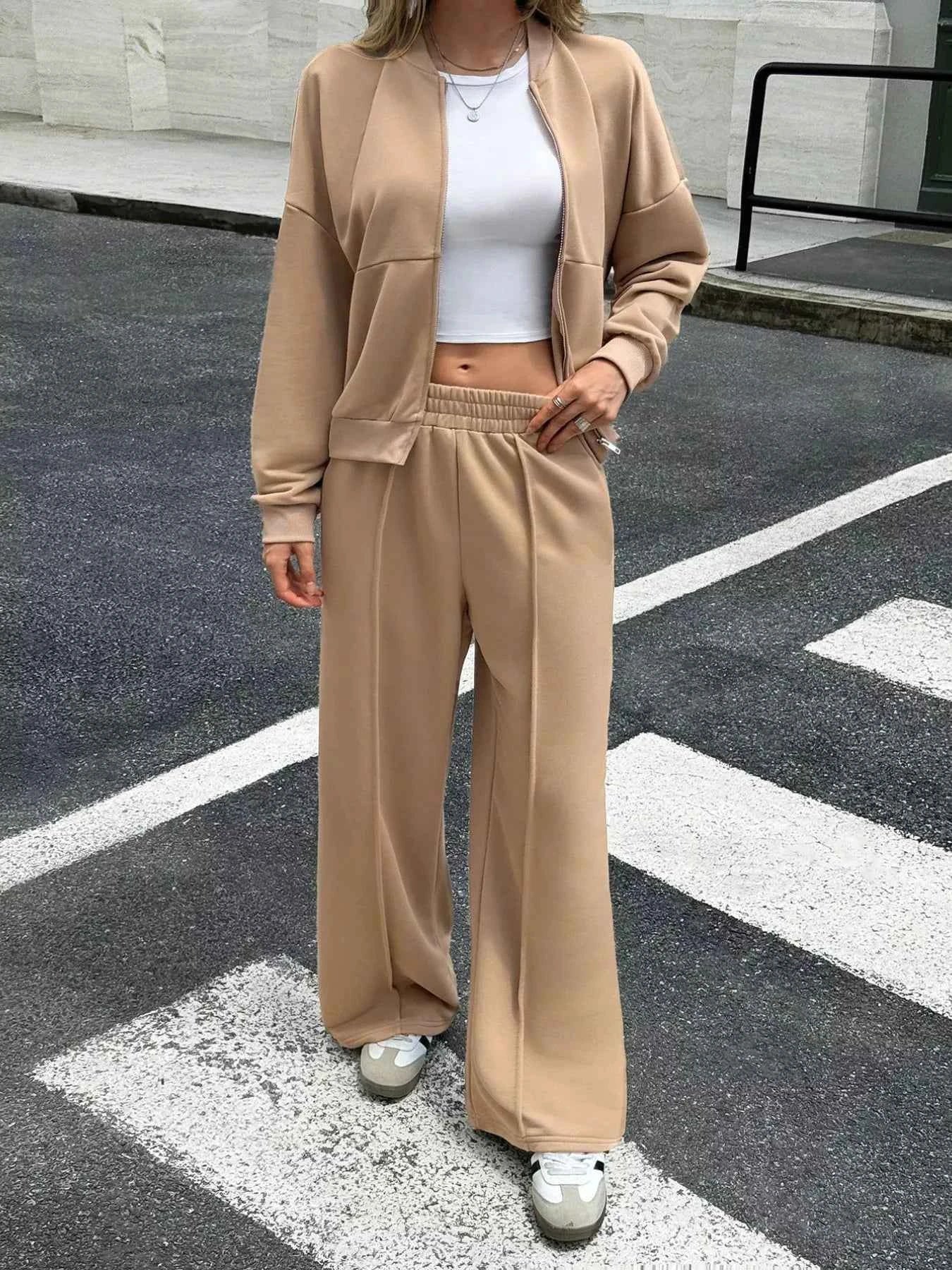 Zip Up Drop Shoulder Top and Pants Set