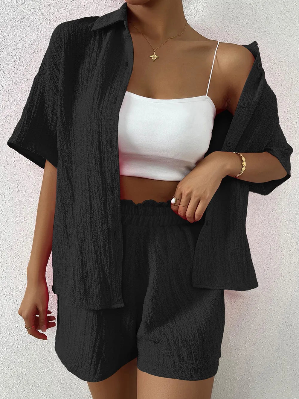 Button Up Half Sleeve Top and Shorts Set - CHIC TB