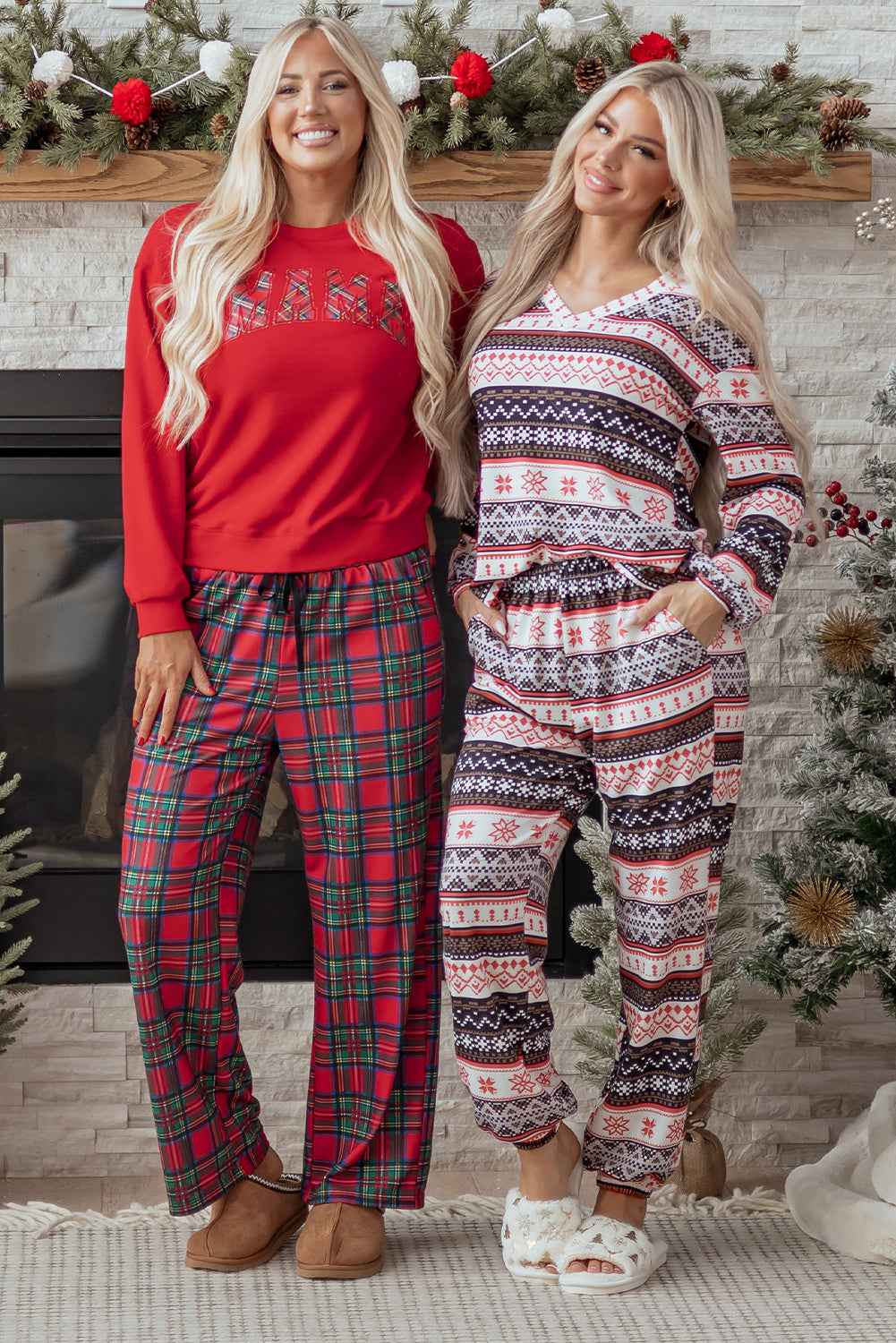 Red Plaid Mama Graphic Christmas Holiday Crewneck Pullover and Pants Two Piece Lounge Set