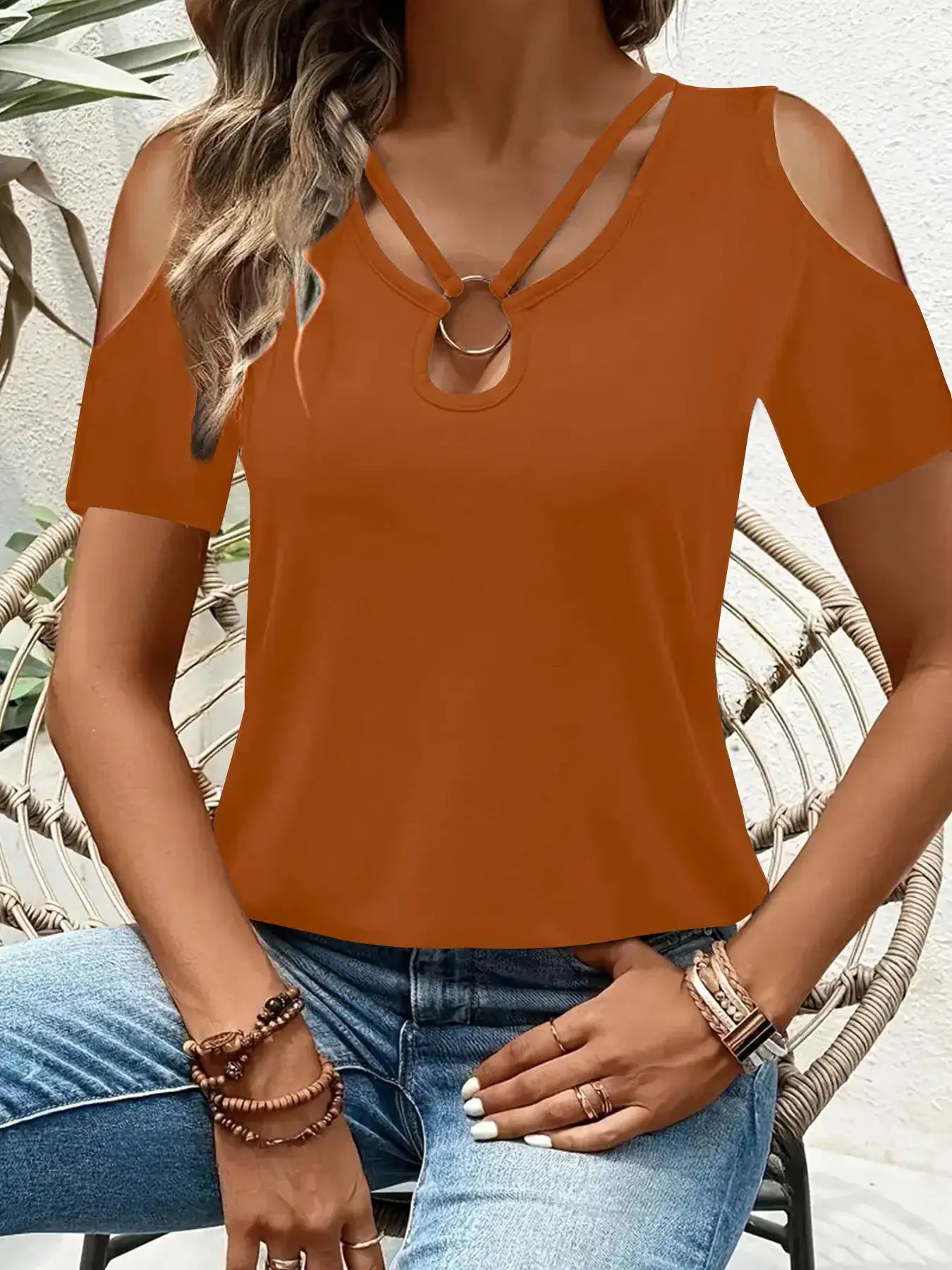 Cold Shoulder T-Shirt with Metal Ring Detail.