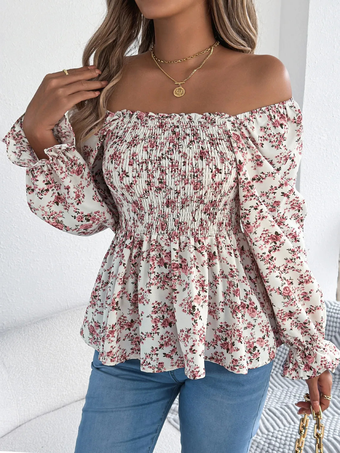 Floral Square Neck Flounce Sleeve Blouse.