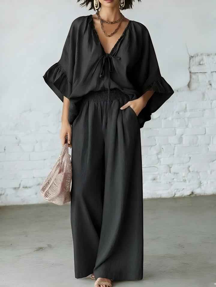 Loose-fit Cotton-linen V-neck Wide-leg Pants Two-piece Set