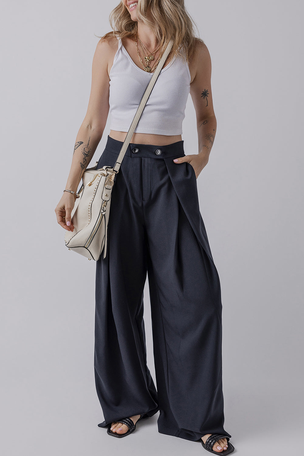 Dirty blue Dual Buttoned High Waist Pleated Wide Leg Pants Dear-Lover Dropshipping
