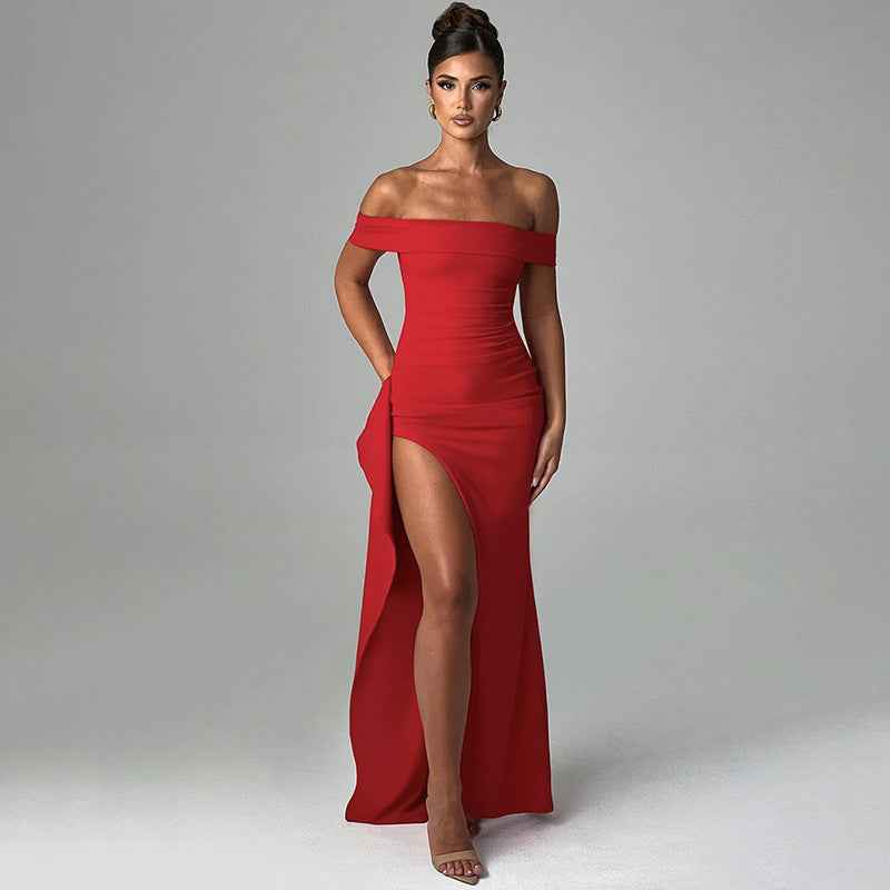 One shoulder slit elegant slim fit dress for women long skirt