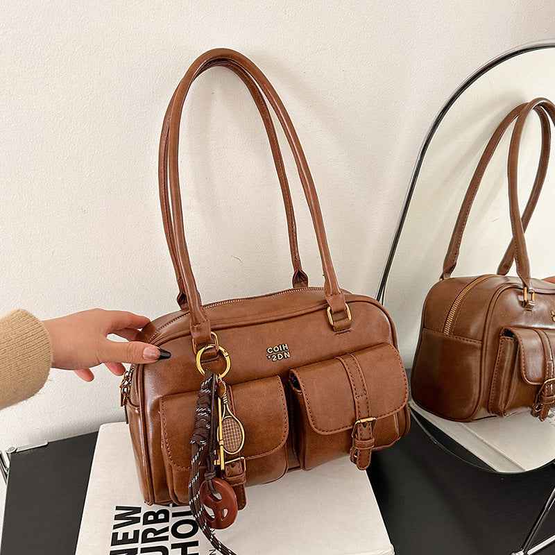 Korean-style Retro Shoulder Bag Fashion Trendy Casual Boston Bag Stylish Bowling Bag